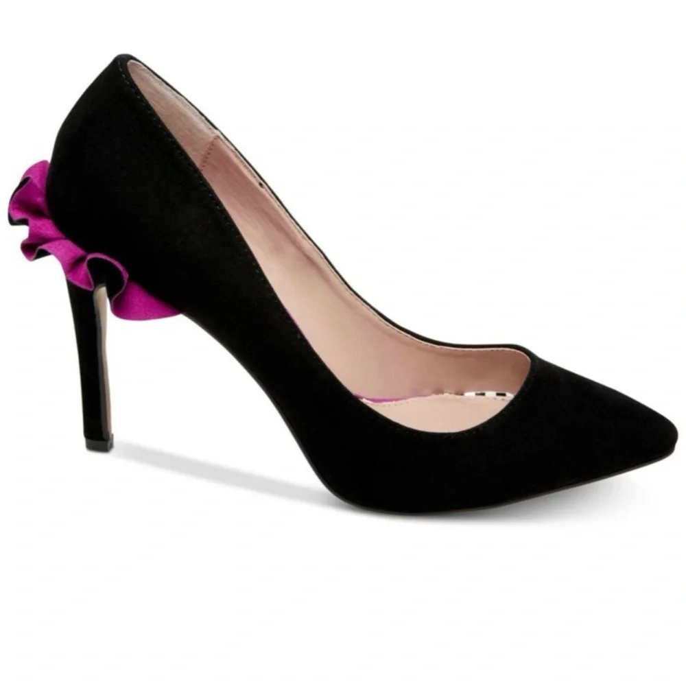 Betsey Johnson Dorthi Black Suede Ruffle Back Heels - Picture 2 of 9